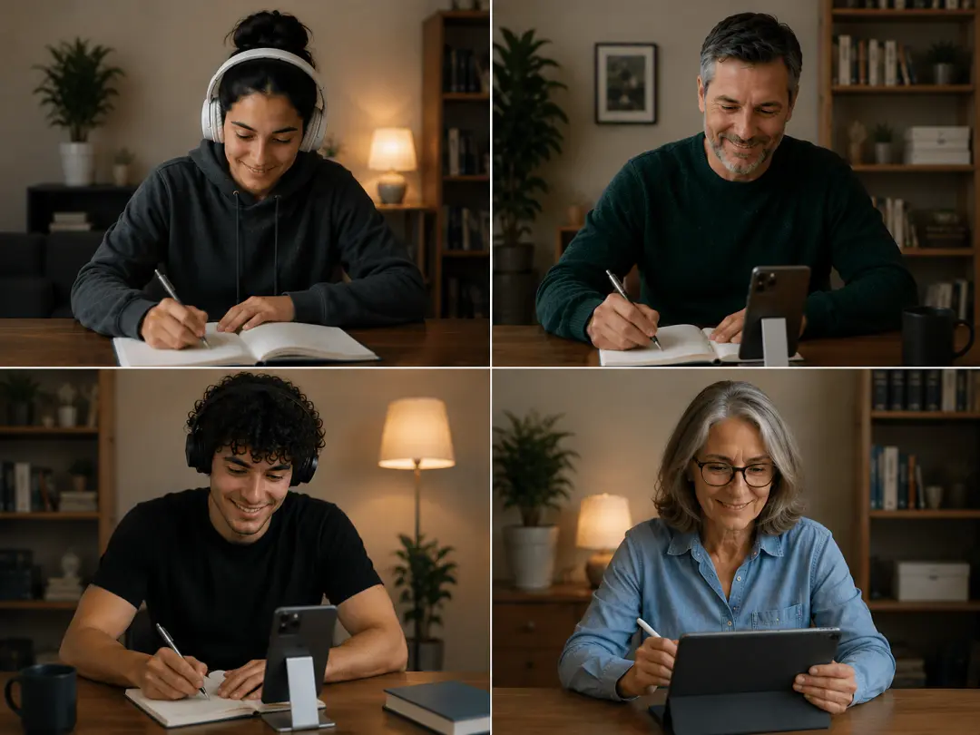 Cuatro personas estudiando y trabajando, cada una desde su casa